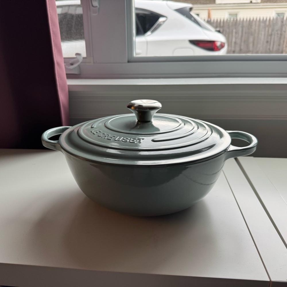 LeCreuset soup pot in the color sea salt
